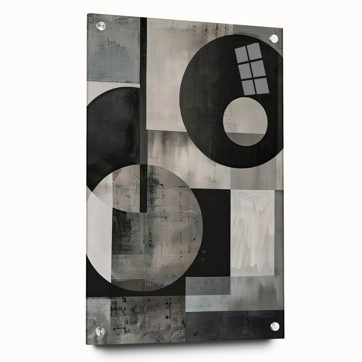 Abstract minimalist wall art displayed in a sleek acrylic glass frame, showcasing vibrant colors and geometric patterns, mounted with decorative pins for a modern aesthetic.
