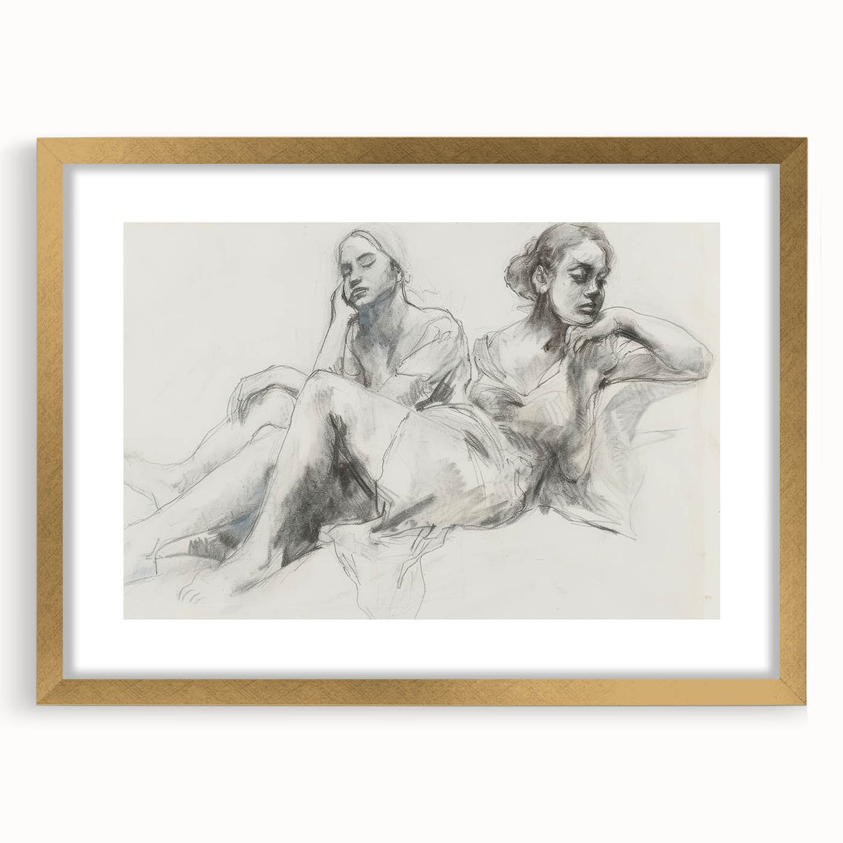 Abstract figurative art frame with a gold mat, showcasing intricate design elements and a modern aesthetic, perfect for enhancing contemporary home decor.
