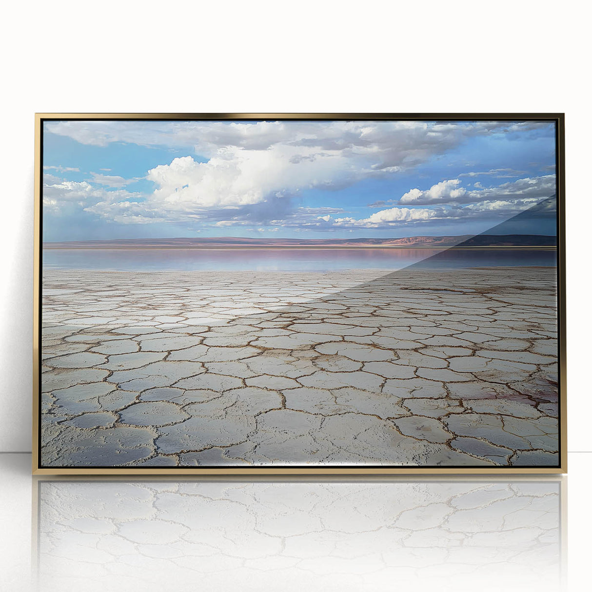 Abstract landscape artwork framed in gold acrylic, showcasing vibrant hues of blue, green, and orange, ideal for modern home decor and art enthusiasts.