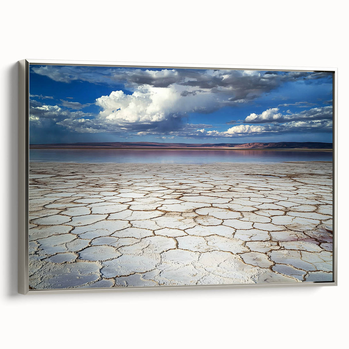 Framed abstract landscape canvas artwork with a silver frame, showcasing vibrant colors and intricate patterns, ideal for modern home decor and interior design.