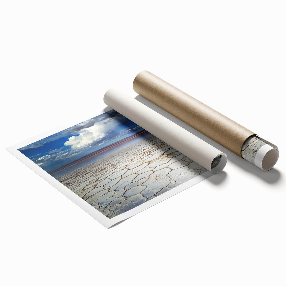 Abstract landscape art print showcasing vibrant hues of blue, green, and gold, rolled for easy transport, ideal for modern home decor or art enthusiasts.