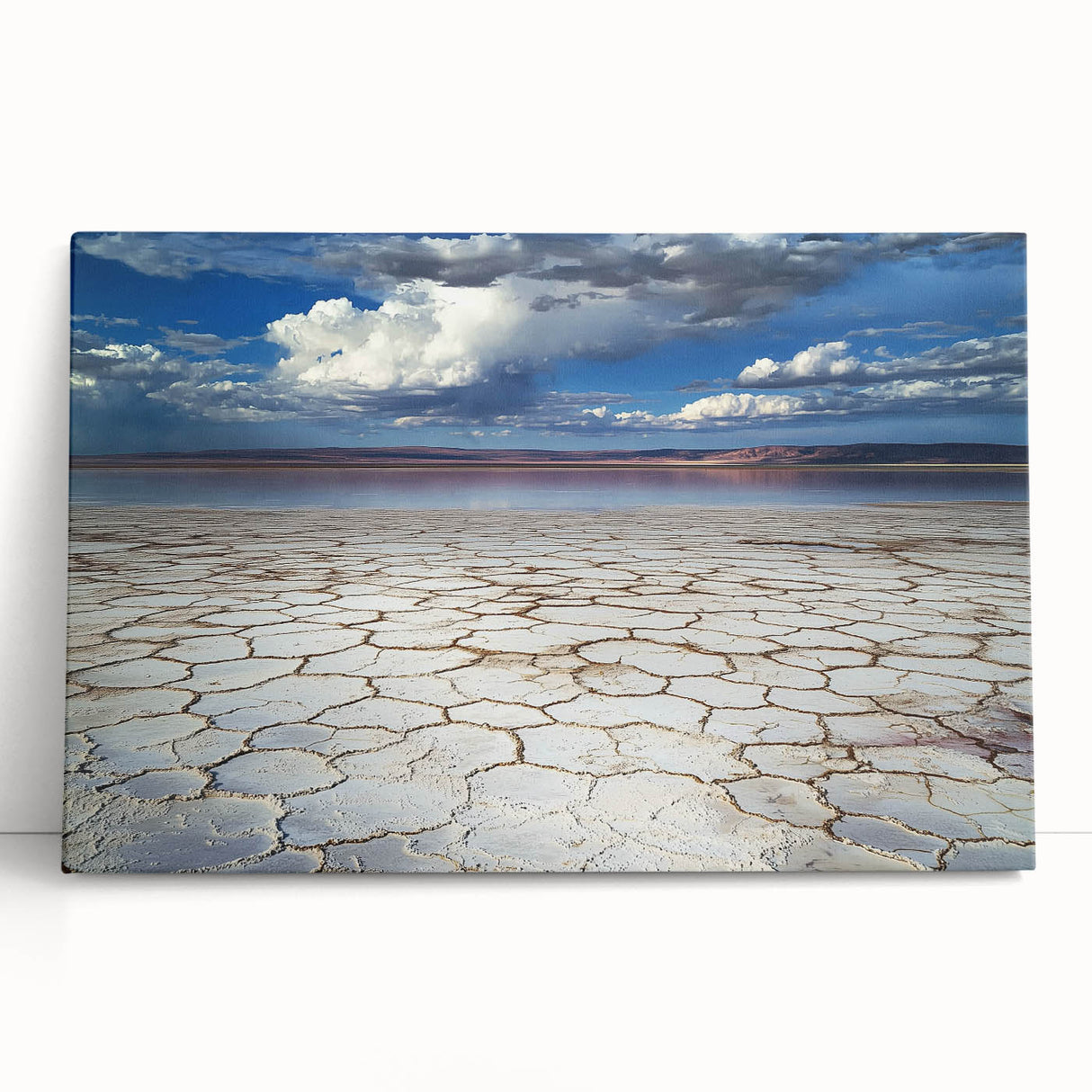 Abstract landscape stretched canvas artwork showcasing vibrant hues of blue, green, and gold, leaning against a modern interior wall, perfect for contemporary decor.