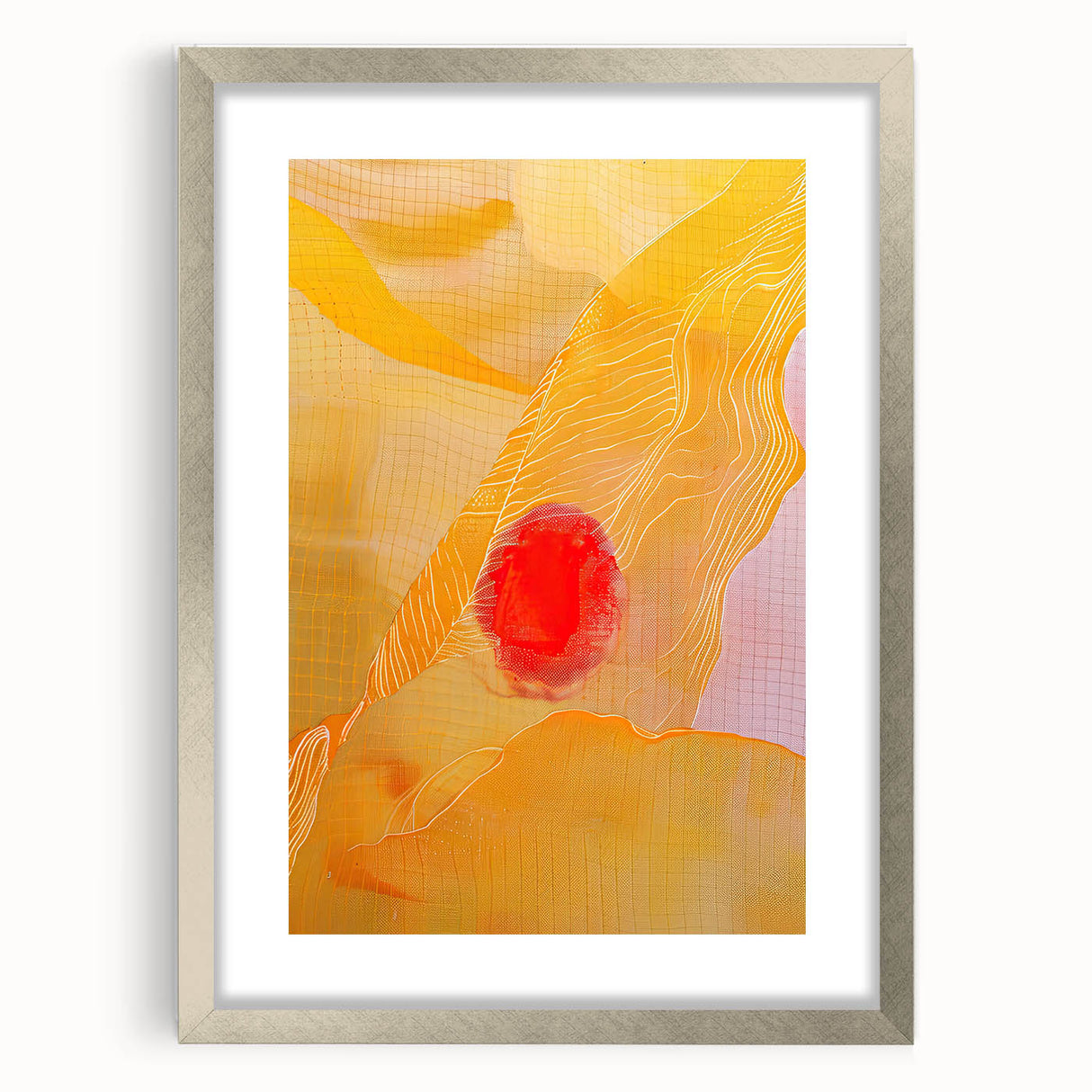 Abstract minimalist wall art framed in silver, showcasing geometric shapes in soft tones, perfect for modern home decor. Adds elegance to any space.