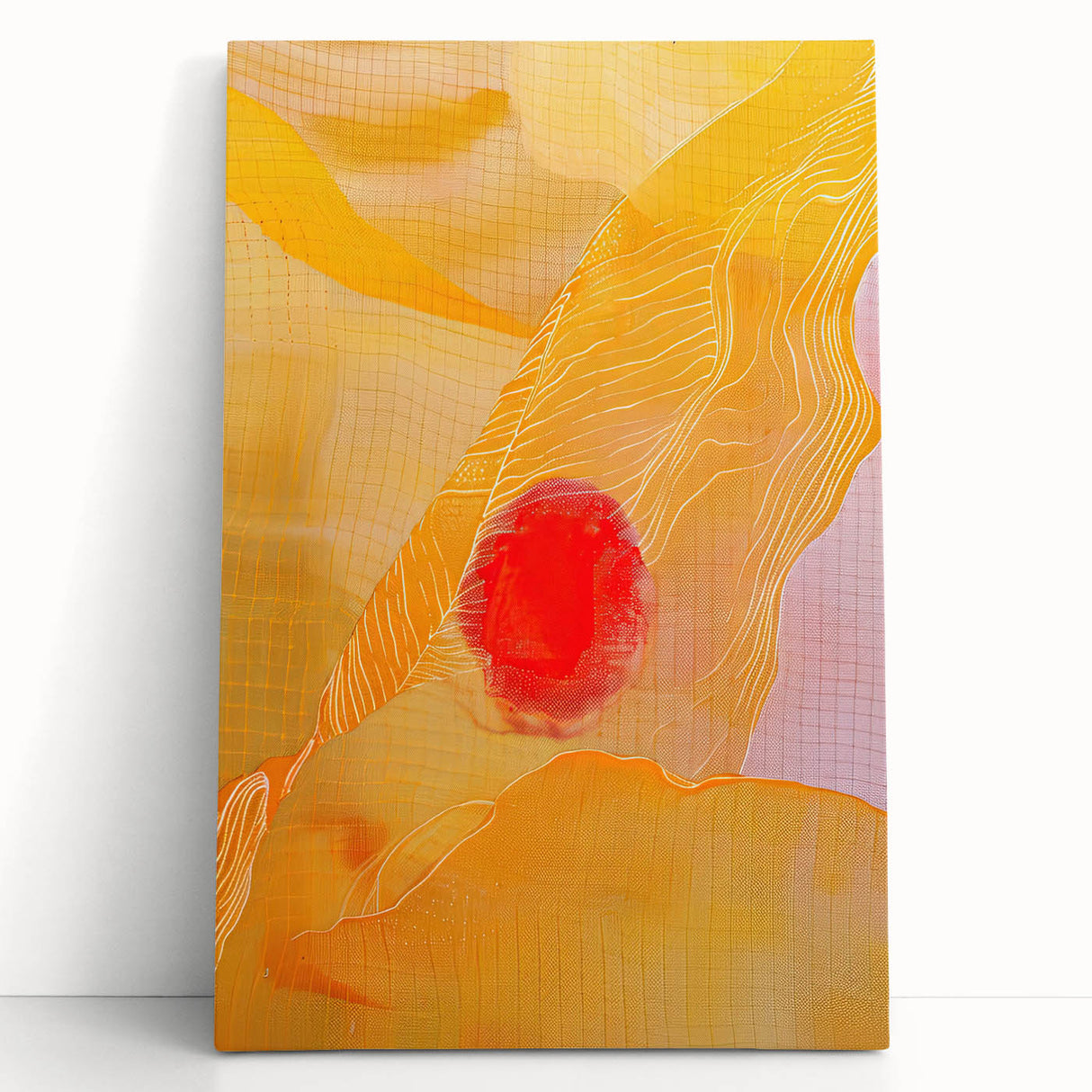 Abstract minimalist wall art on stretched canvas, showcasing soft pastel colors and geometric shapes, leaning against a white wall, ideal for modern decor.