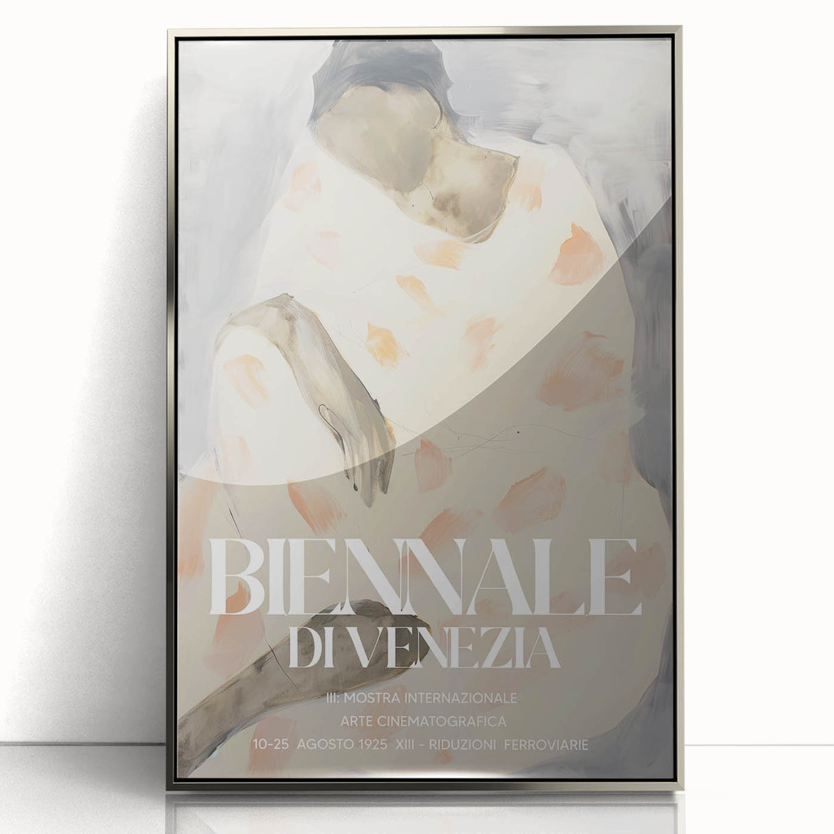 Abstract figurative framed acrylic artwork in silver, showcasing dynamic shapes and colors, ideal for modern home decor and art enthusiasts.