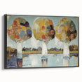 Framed canvas artwork showcasing abstract floral designs in vibrant colors, set against a sleek black background, ideal for modern home decor.