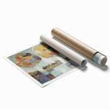 Abstract floral canvas print showcasing vibrant blue, pink, and green hues, elegantly rolled and packaged in a sturdy cardboard tube, perfect for home decor.