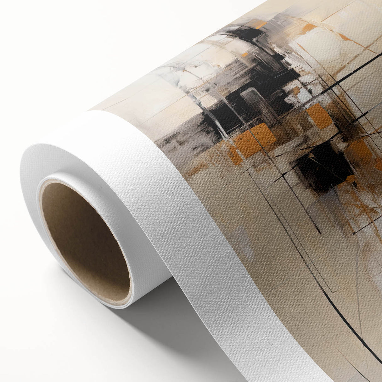 Abstract minimalist wall art on rolled canvas, showcasing soft pastel colors and geometric shapes, elegantly packaged in a durable cardboard tube for easy transport and display.