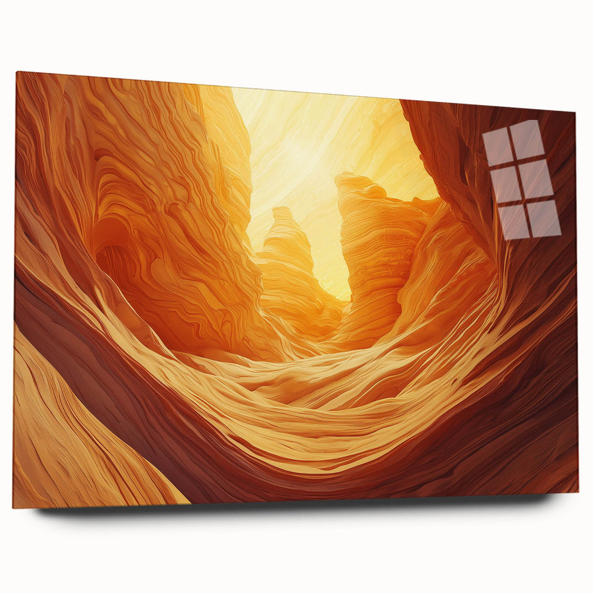 Acrylic glass artwork depicting a stunning cave landscape in vibrant colors, showcasing intricate details and textures, perfect for modern home decor.