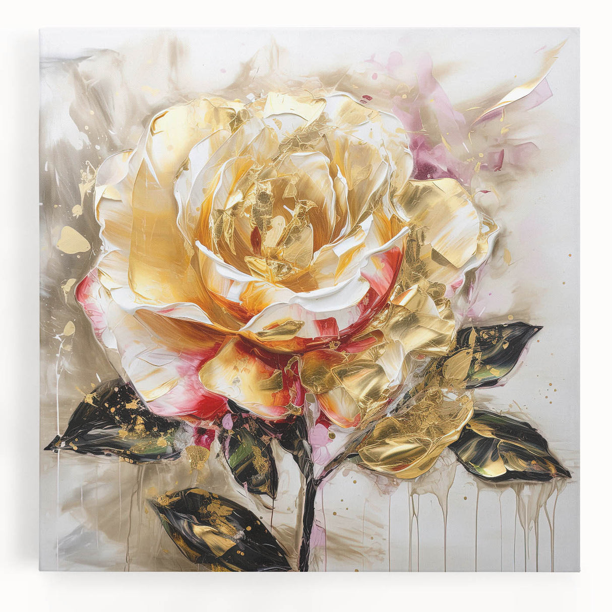 Golden Rose Wall Art – Elegant Floral Canvas for Living Room