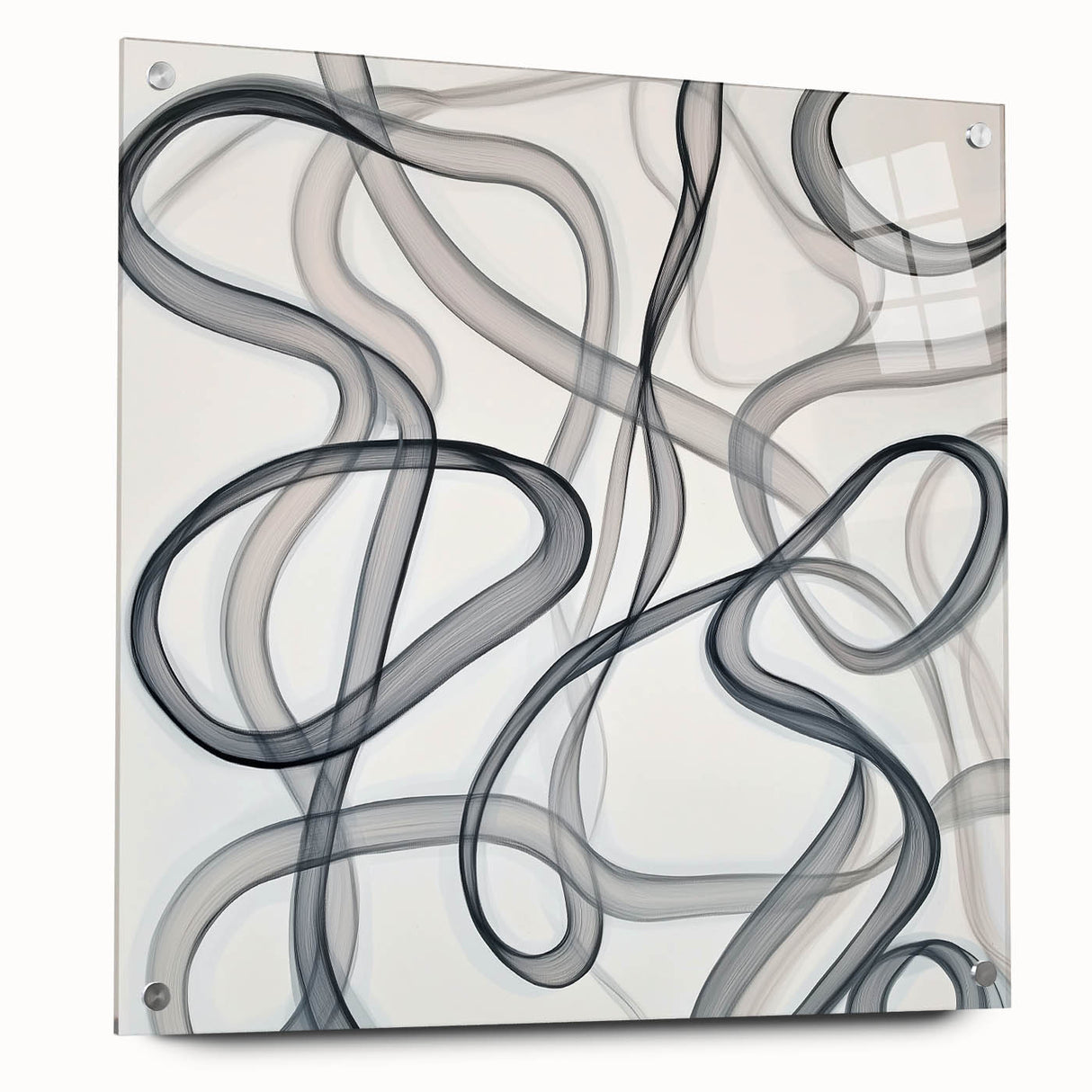Abstract geometric acrylic glass artwork displayed from a side view, showcasing vibrant colors and sharp angles, secured with transparent pins for a modern aesthetic.