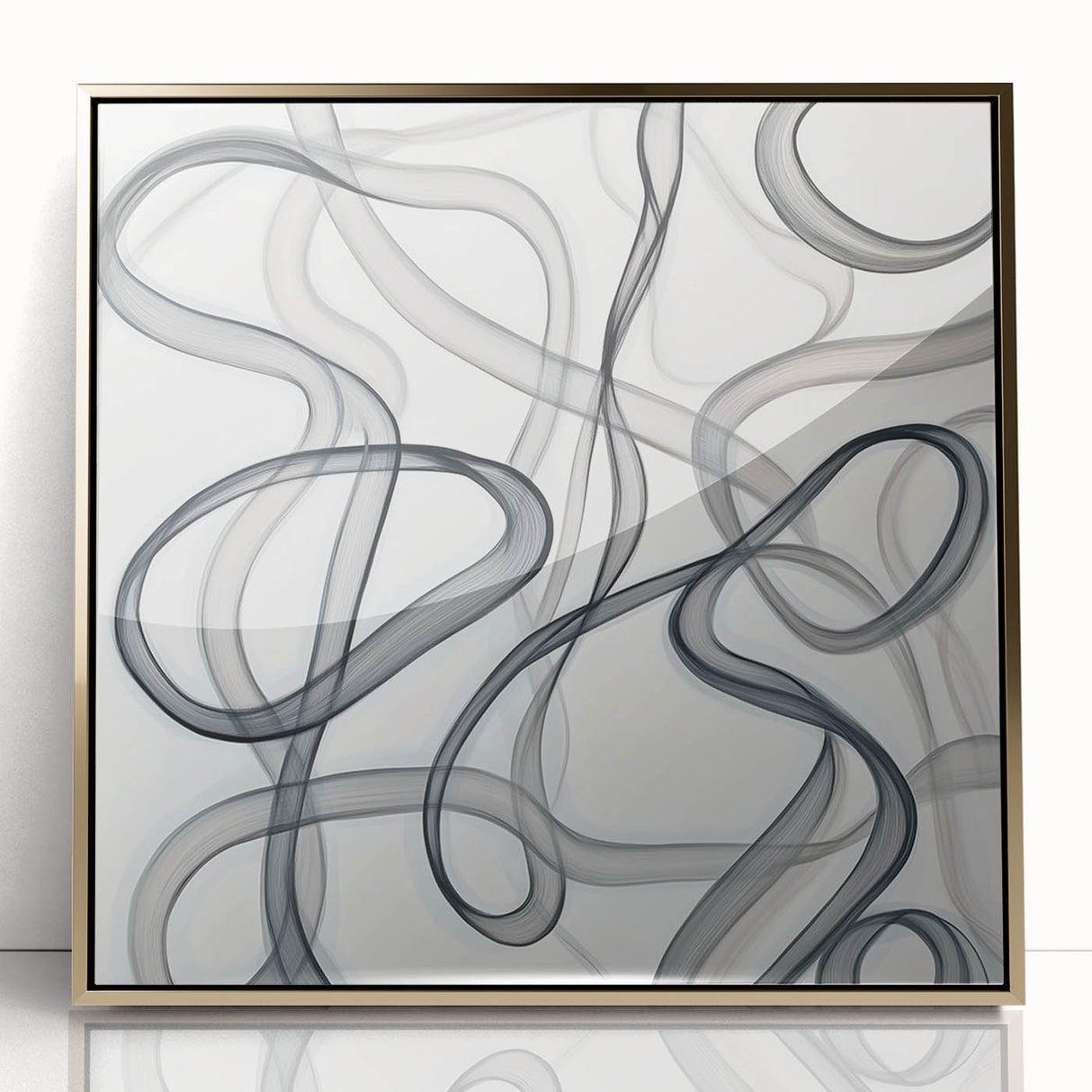 Abstract geometric design framed in acrylic with gold accents, showcasing a modern artistic style suitable for contemporary home decor. The piece features intricate shapes and vibrant colors, adding sophistication to any space.
