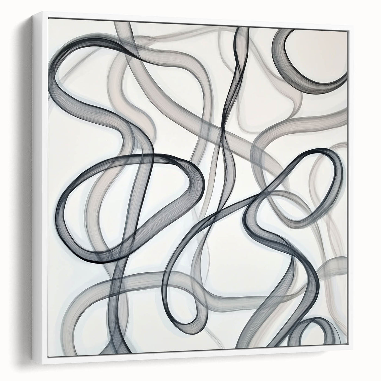 Framed canvas artwork showcasing an abstract geometric design in white, viewed from the side, emphasizing its modern aesthetic and elegant frame, perfect for contemporary home decor.