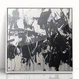 Framed acrylic artwork titled "Abstract Splatters" showcasing vibrant, colorful paint splashes against a sleek white background, perfect for modern decor.