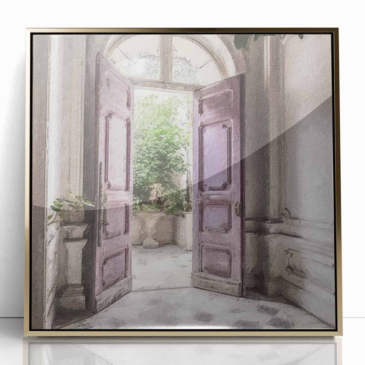 Mid-century modernist style large art print of a French door, framed in gold acrylic, suitable for nursery wall art.