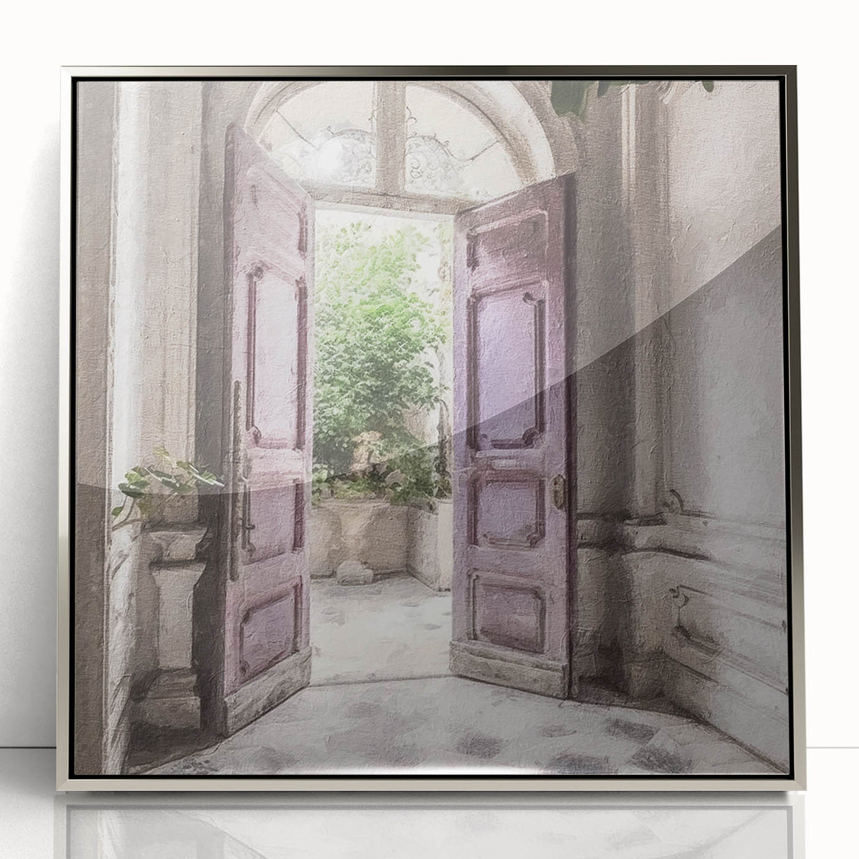 Mid-century modernist art depicting a French door design in muted metallic tones on a framed acrylic print.