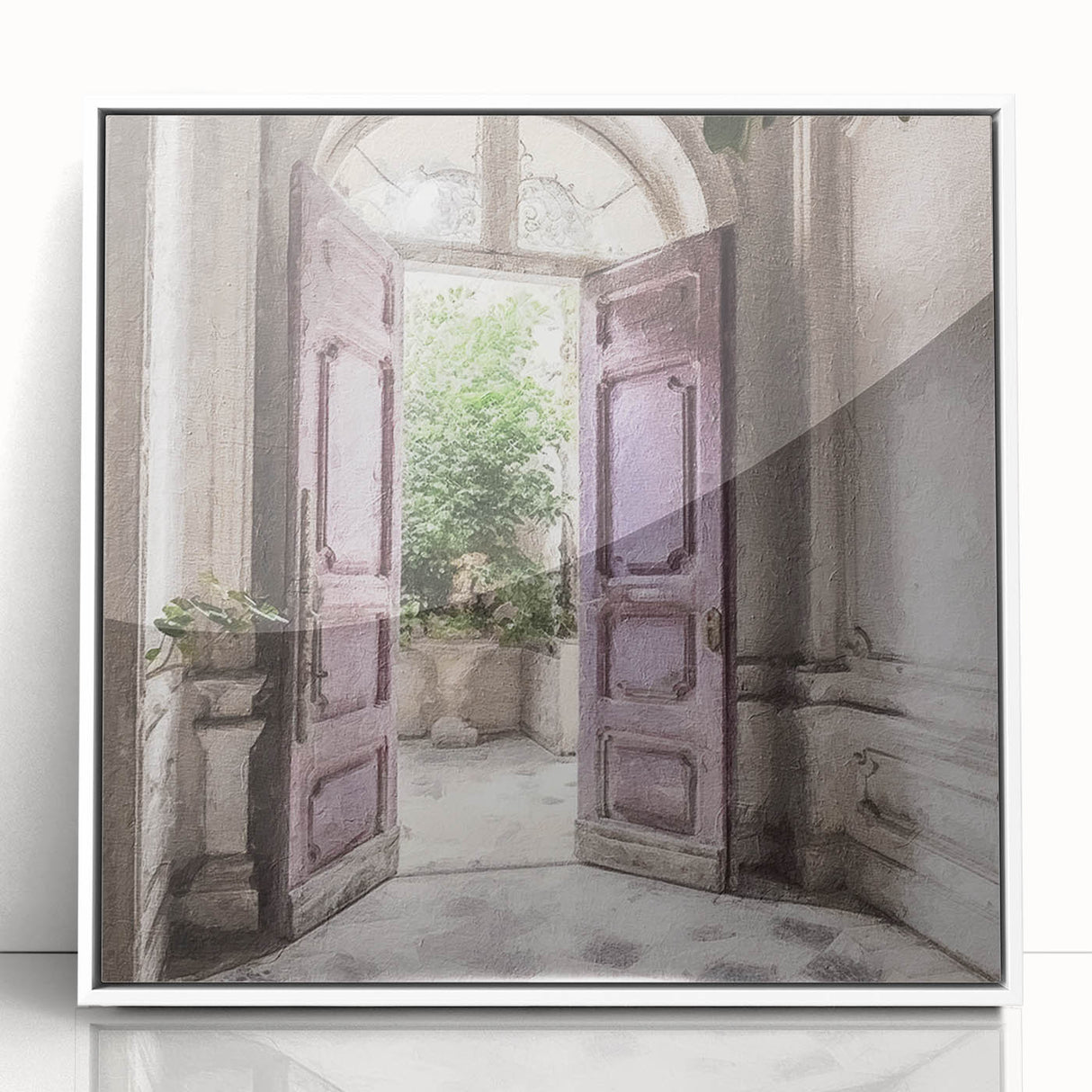 Art Deco style door design in white and gray tones on a framed acrylic, ideal for modern art wall decor in a nursery.