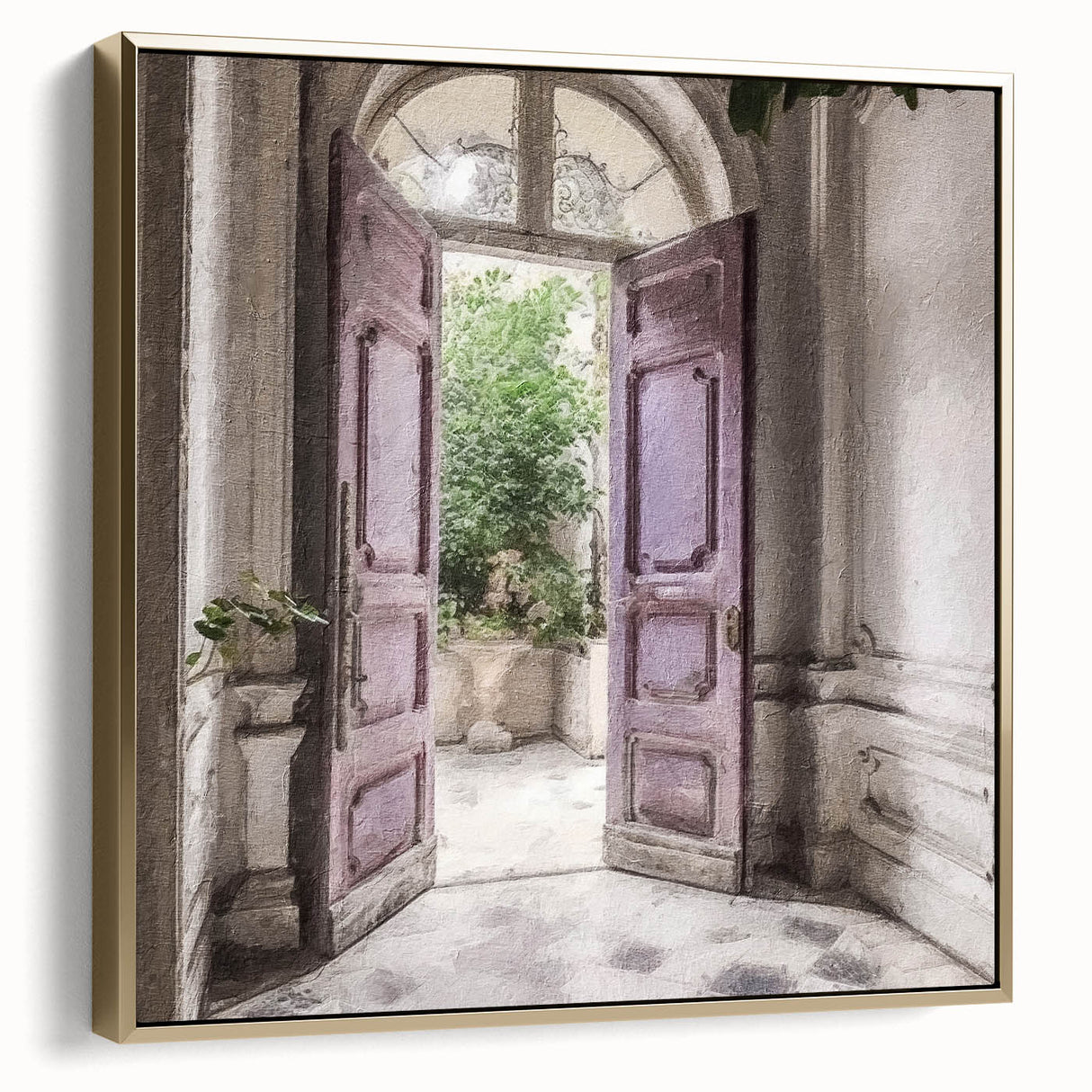 Framed canvas featuring a vintage poster of a French door in black with silver and gold accents.