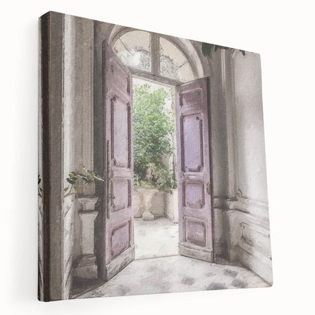 Large art print of a French door design on stretched canvas, featuring neutral beige and white tones.