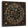 Framed canvas wall art showcasing an intricate design of vibrant flowers and botanical leaves, featuring a sleek black frame, perfect for modern home decor.