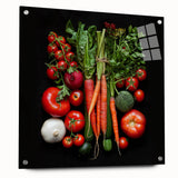 Acrylic glass print of various fruits in vibrant colors, suitable for dining room or kitchen decor.