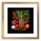 Extra large abstract art print featuring vibrant fruits on textured canvas, framed in gold, ideal for living room decor.