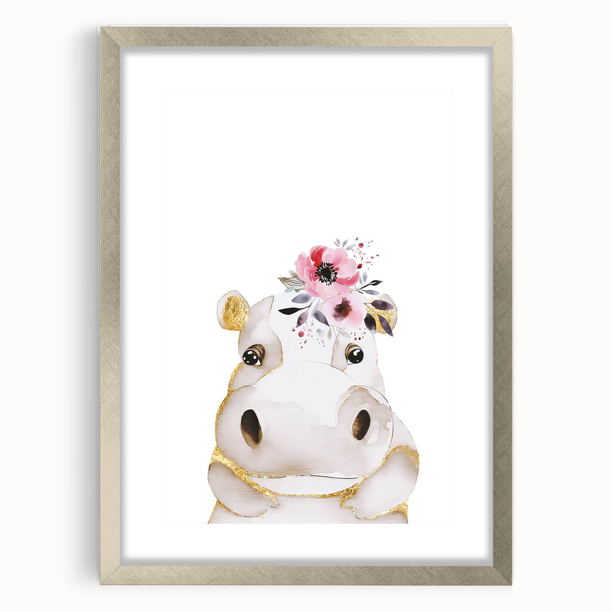 Floral Baby Hippo Girls Room Wall Art – Nursery Print