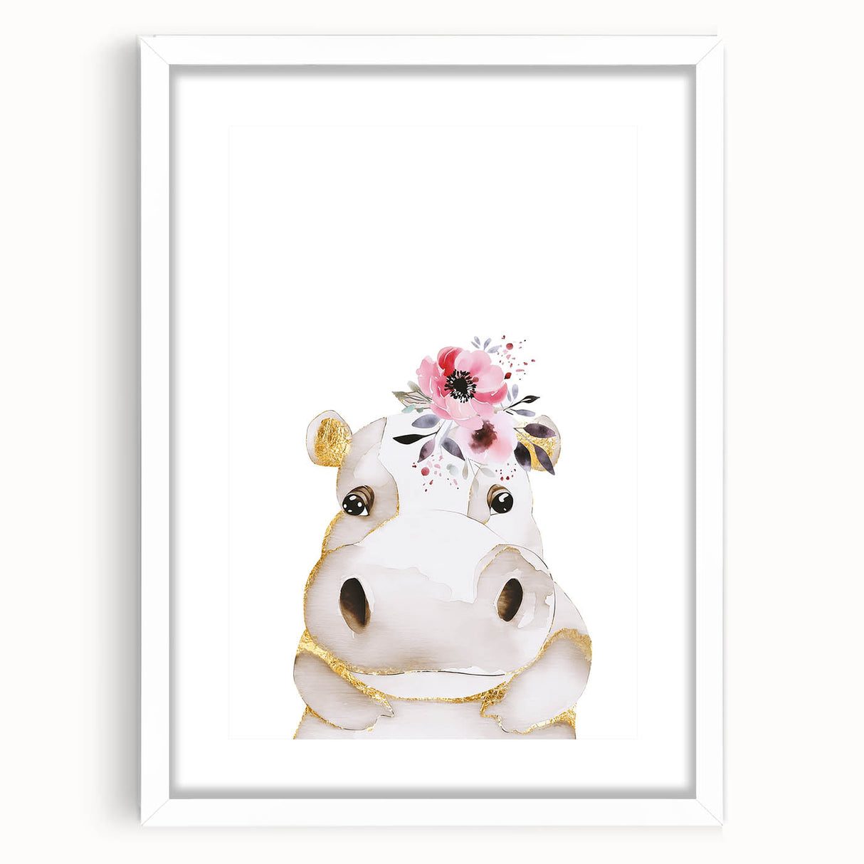 Floral Baby Hippo Girls Room Wall Art – Nursery Print