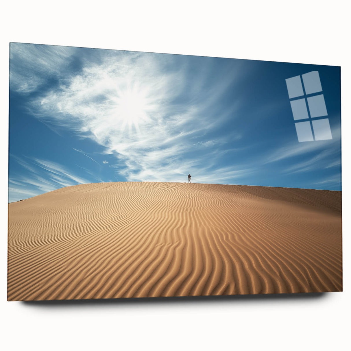 Desert landscape acrylic glass artwork showcasing vibrant colors and intricate details, displayed side view without pins, perfect for modern home decor.