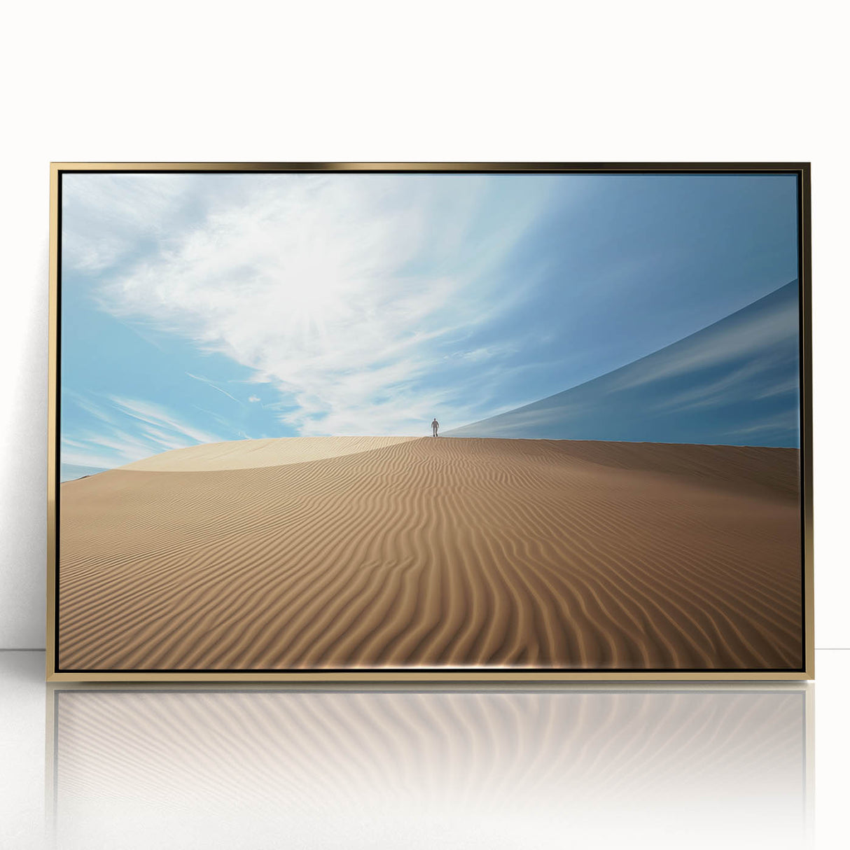 Framed acrylic artwork showcasing a vibrant desert landscape in gold tones, elegantly displayed with a modern design, perfect for enhancing home decor.
