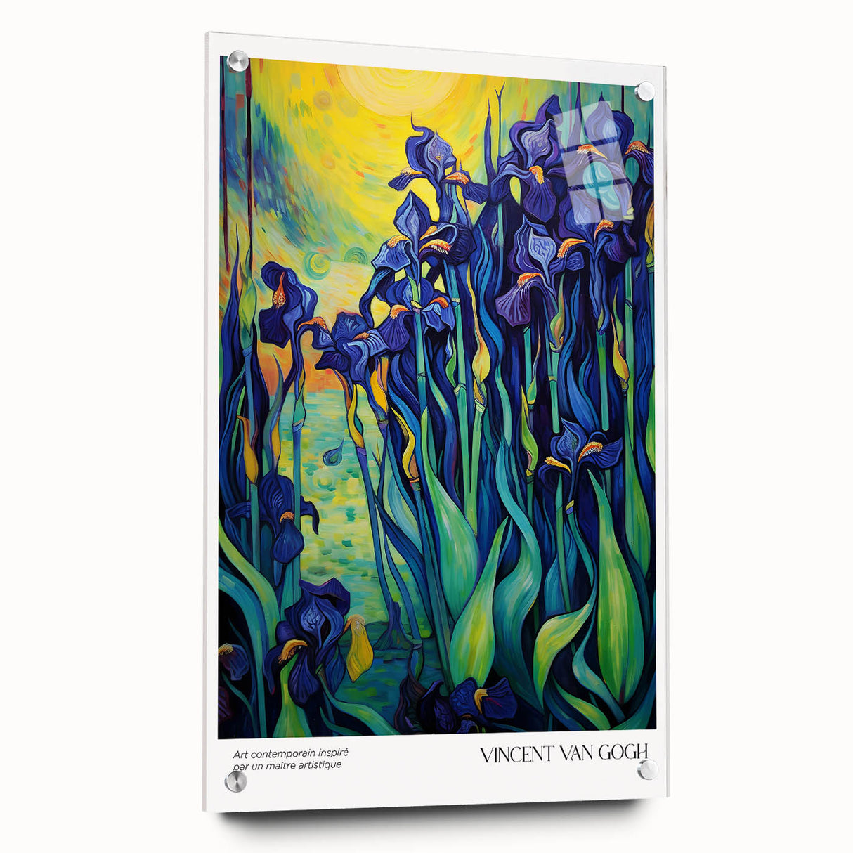 Impressionist-style painting with swirling blue and yellow tones on acrylic glass, suitable for bedroom or dining room decor.