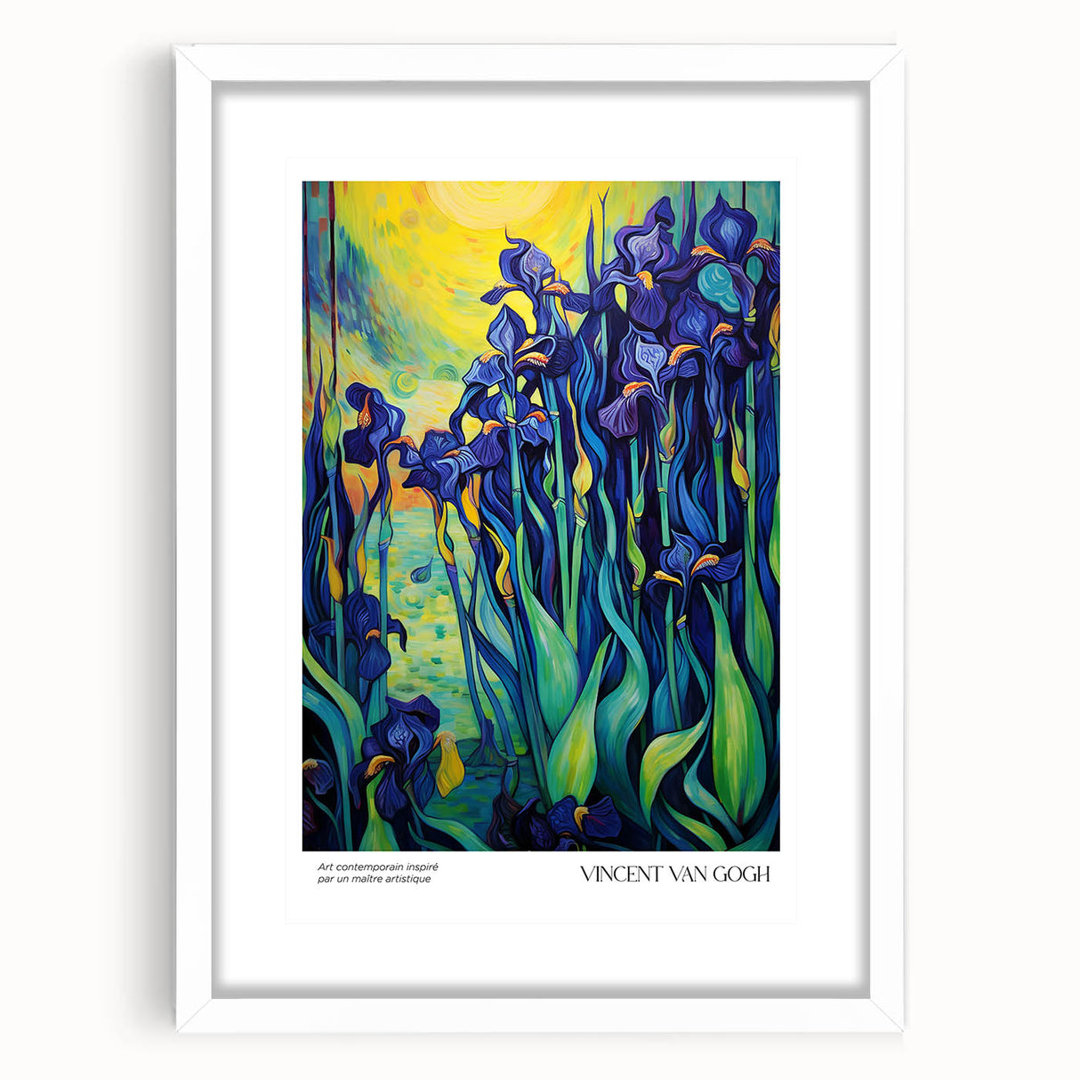 Abstract art print in vivid blue and yellow tones, framed with a white mat, ideal for dining room decor.