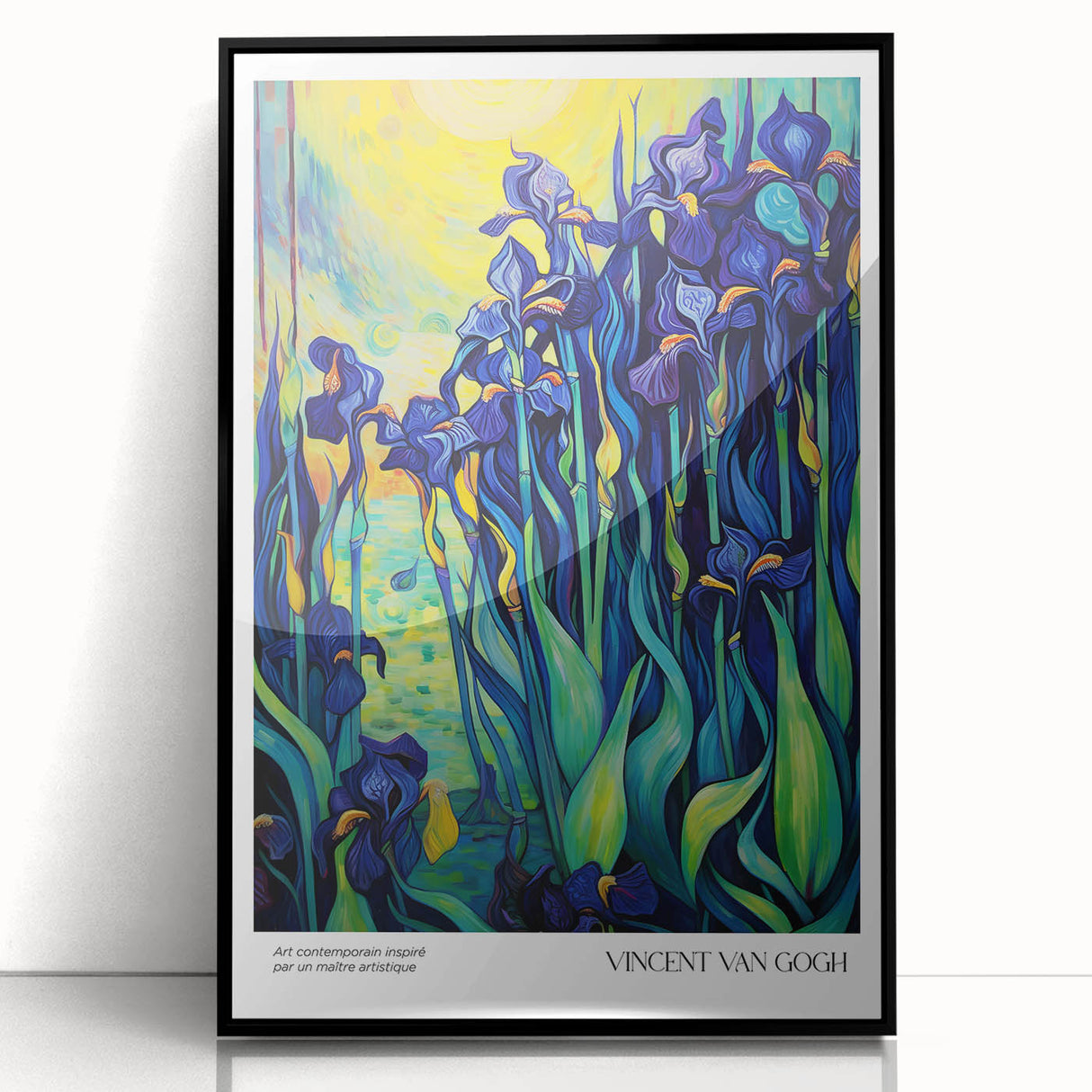 Large abstract wall art featuring swirling blue and yellow patterns, framed in black acrylic.