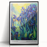 Large abstract wall art featuring swirling blue and yellow patterns, framed in black acrylic.