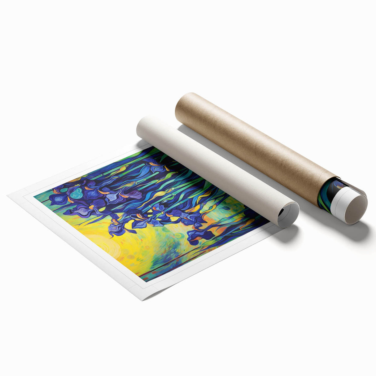 Extra large rolled print of Van Gogh's impressionist floral art in vibrant hues, ideal for classy bathroom wall art.