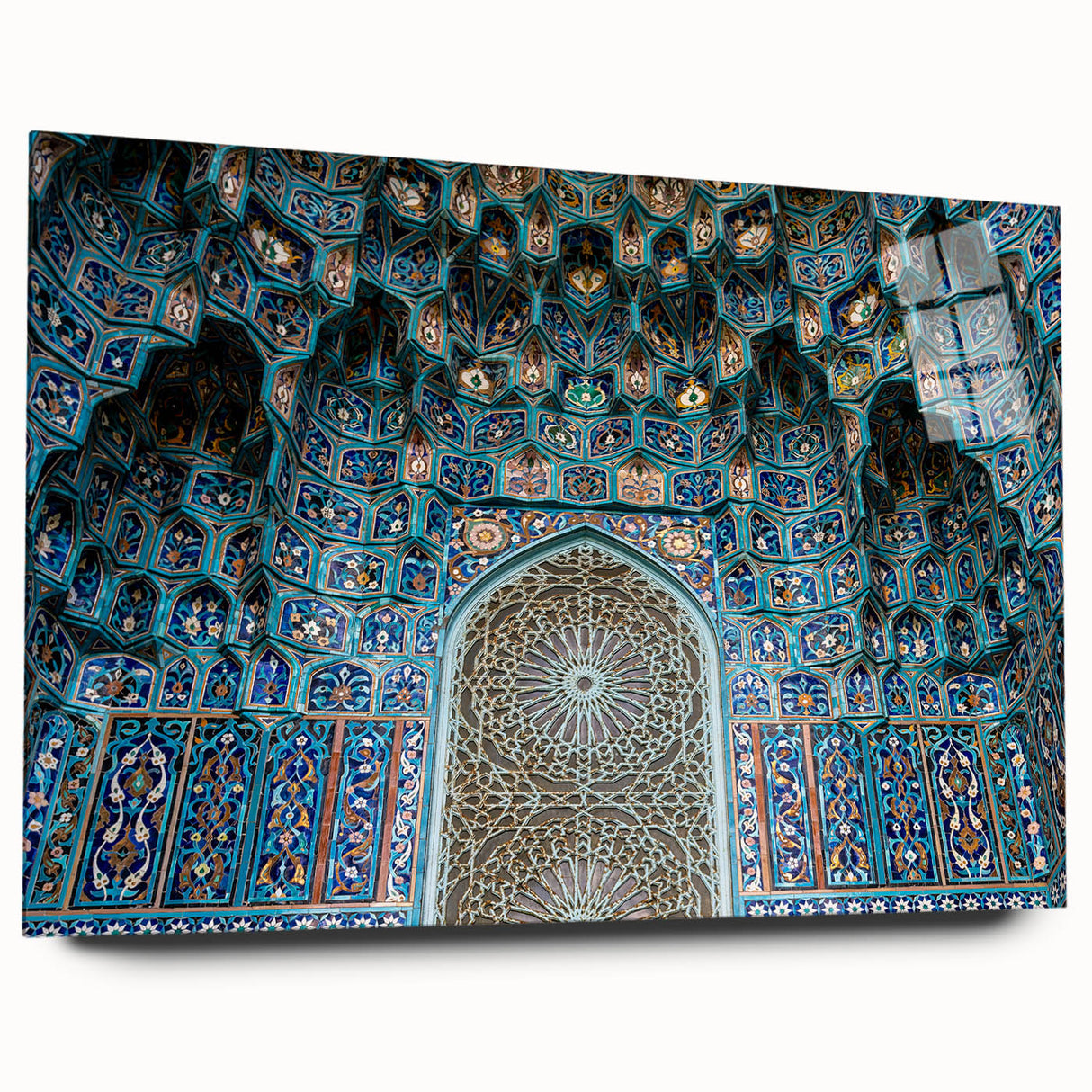 Large abstract wall art featuring a Moroccan scenery in muted earth tones on acrylic glass.