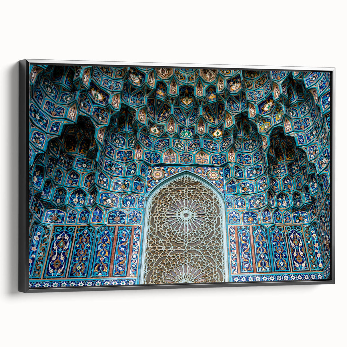Black and white framed canvas featuring a vintage-style Moroccan landscape, ideal for bedroom decor.