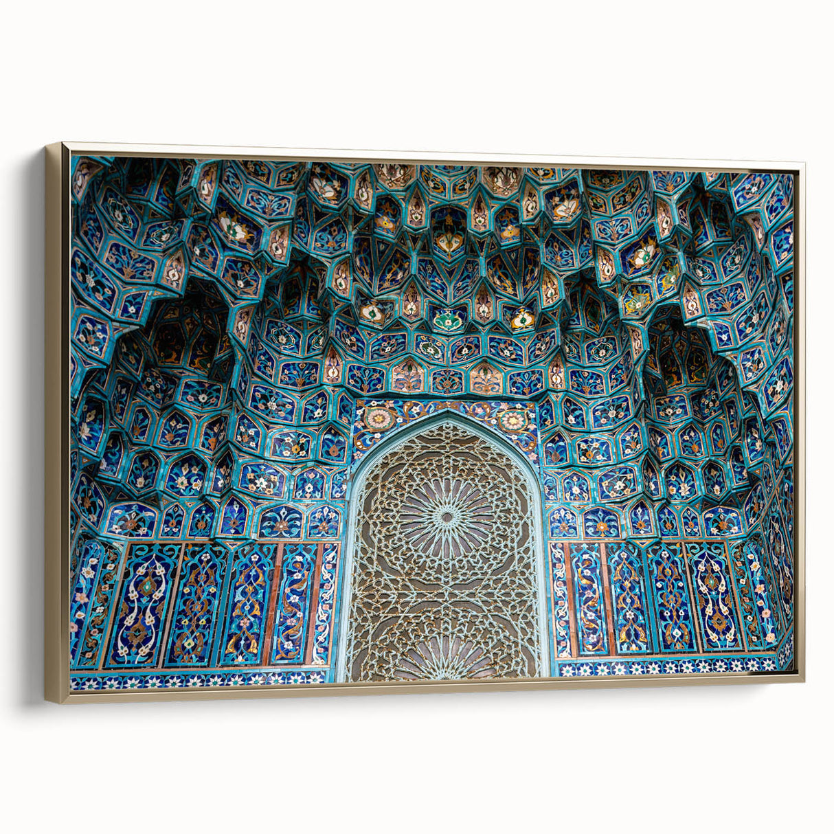 Framed canvas featuring a vintage-style landscape painting of a Moroccan scenery in colorful hues.