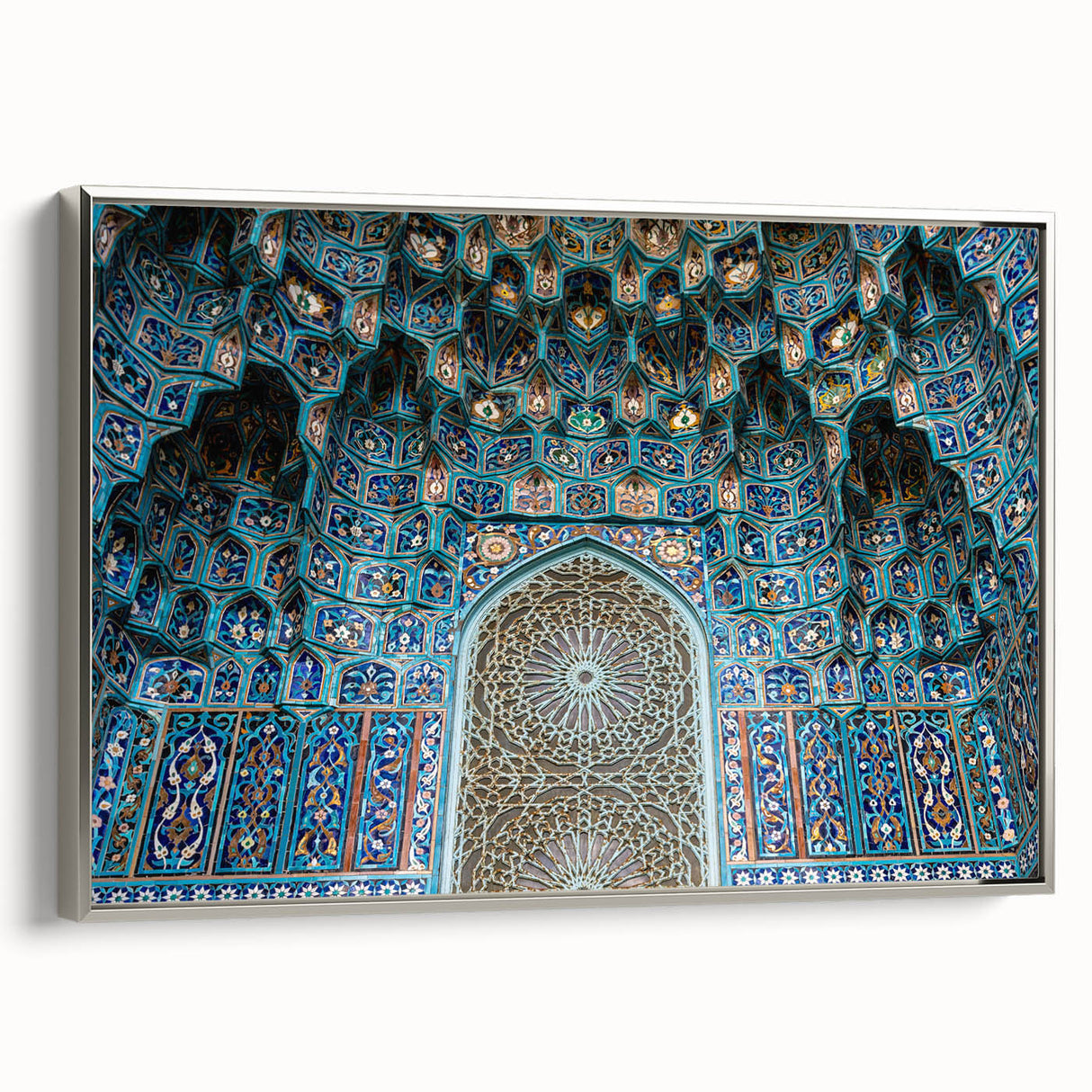 Vintage poster art of a Moroccan landscape in vibrant colors on a large framed canvas, ideal for living room decor.