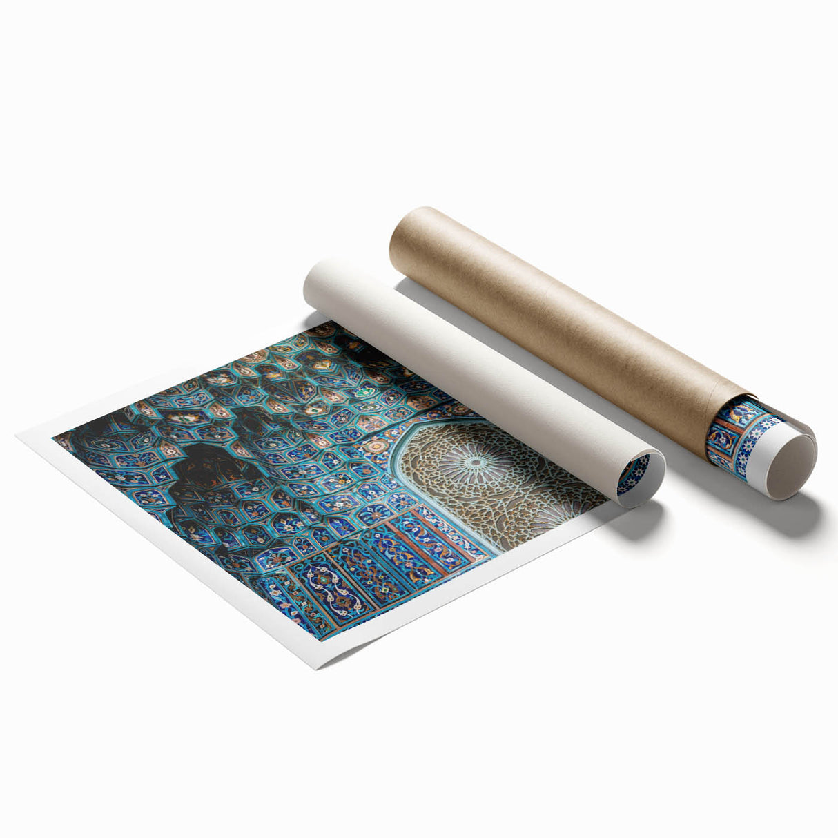 Extra large rolled print depicting a Moroccan landscape with vibrant floral elements, ideal for classy bathroom wall art.
