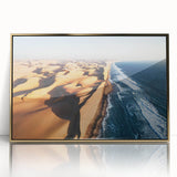 Mid-century modernist art depicting the Namibia desert landscape in muted earth tones on a framed acrylic print.