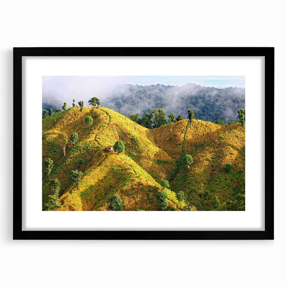 Abstract art print featuring vibrant, colorful textures, ideal for living room decor, framed with a black mat.