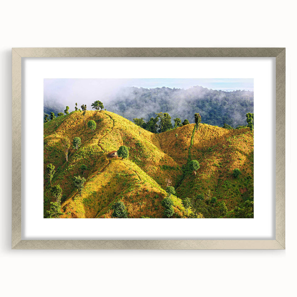 Textured abstract art print depicting a serene Asian landscape in soft, muted colors, framed in silver.