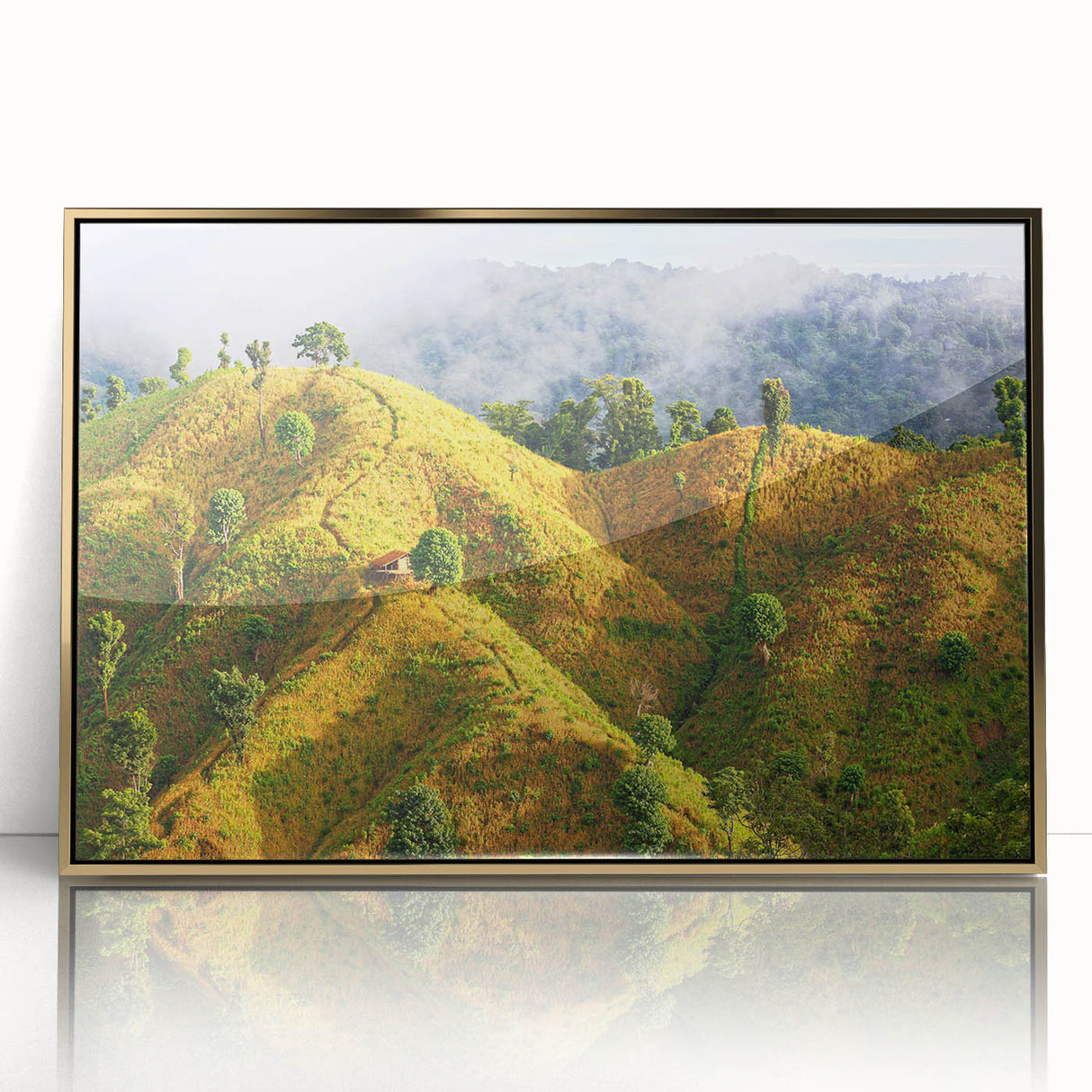 Framed acrylic print of a Bangladesh scenery in gold tones, ideal for modern art wall decor.