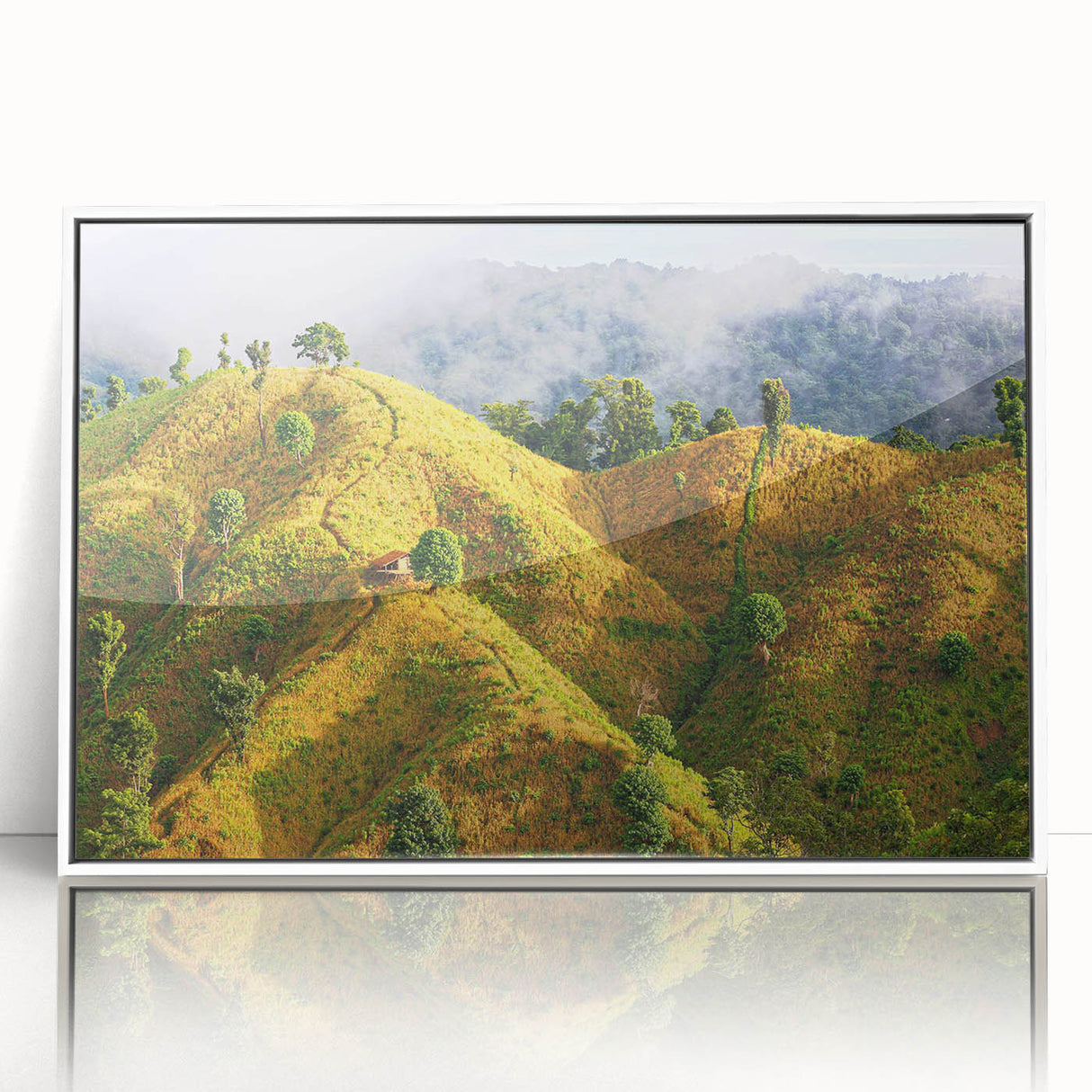 Framed acrylic print of a serene Bangladesh landscape in muted green and blue tones.
