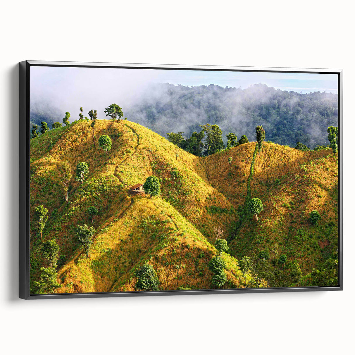 Black and white landscape art painting of a serene Bangladesh countryside on framed canvas, ideal for bedroom wall decor.