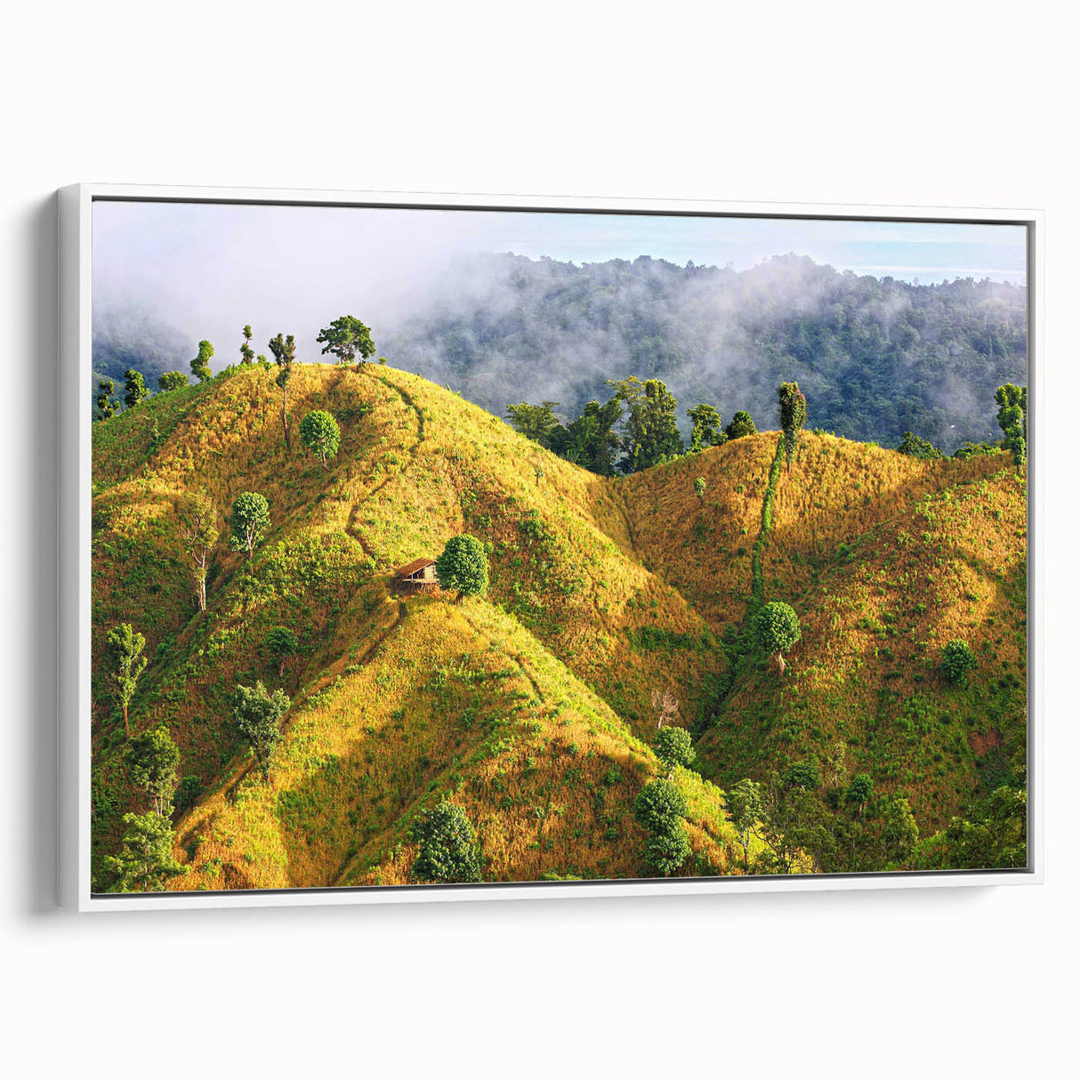 Vintage poster art of a colorful Bangladeshi landscape on extra large framed canvas, ideal for living room decor.