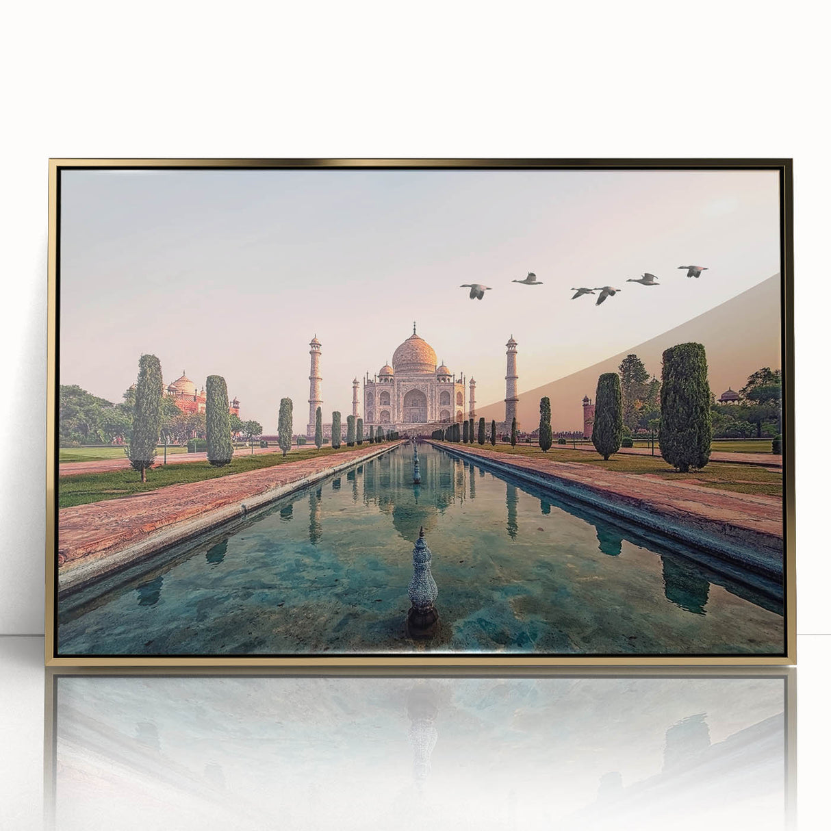 Large acrylic print of a mid-century modernist Indian scenery in gold tones, ideal for modern art wall decor.