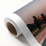 Art deco poster of a serene Indian landscape in pastel hues on rolled canvas, ideal for nursery wall art.