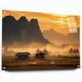 Large abstract wall art depicting a serene Laos landscape in muted earth tones on acrylic glass.
